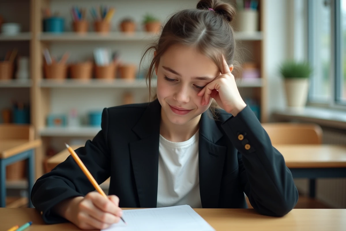 Jeune fille en classe avec un carnet et crayon pour l'épreuve