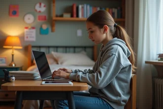 Jeune fille de 14 ans utilisant un ordinateur portable dans sa chambre