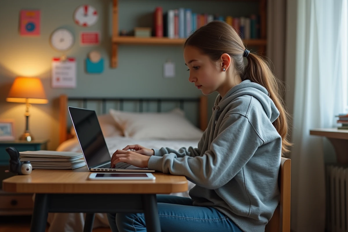 Jeune fille de 14 ans utilisant un ordinateur portable dans sa chambre