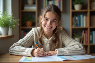 Jeune fille souriante étudie la conjugaison espagnole