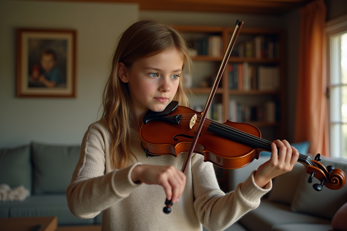 Jeune fille concentrée jouant du violon dans un salon chaleureux