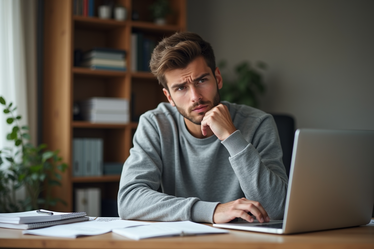 Jeune homme pensif dans un bureau moderne