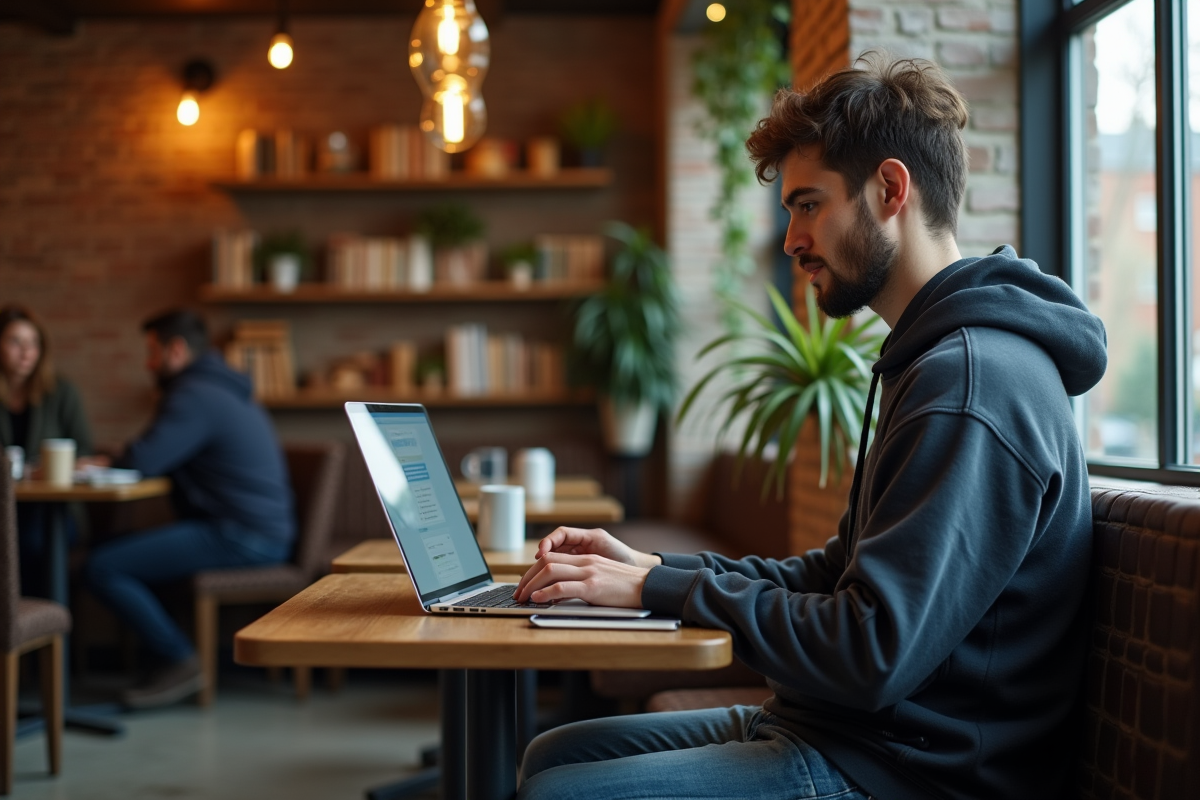 Jeune homme étudiant seul à un café avec un cours d