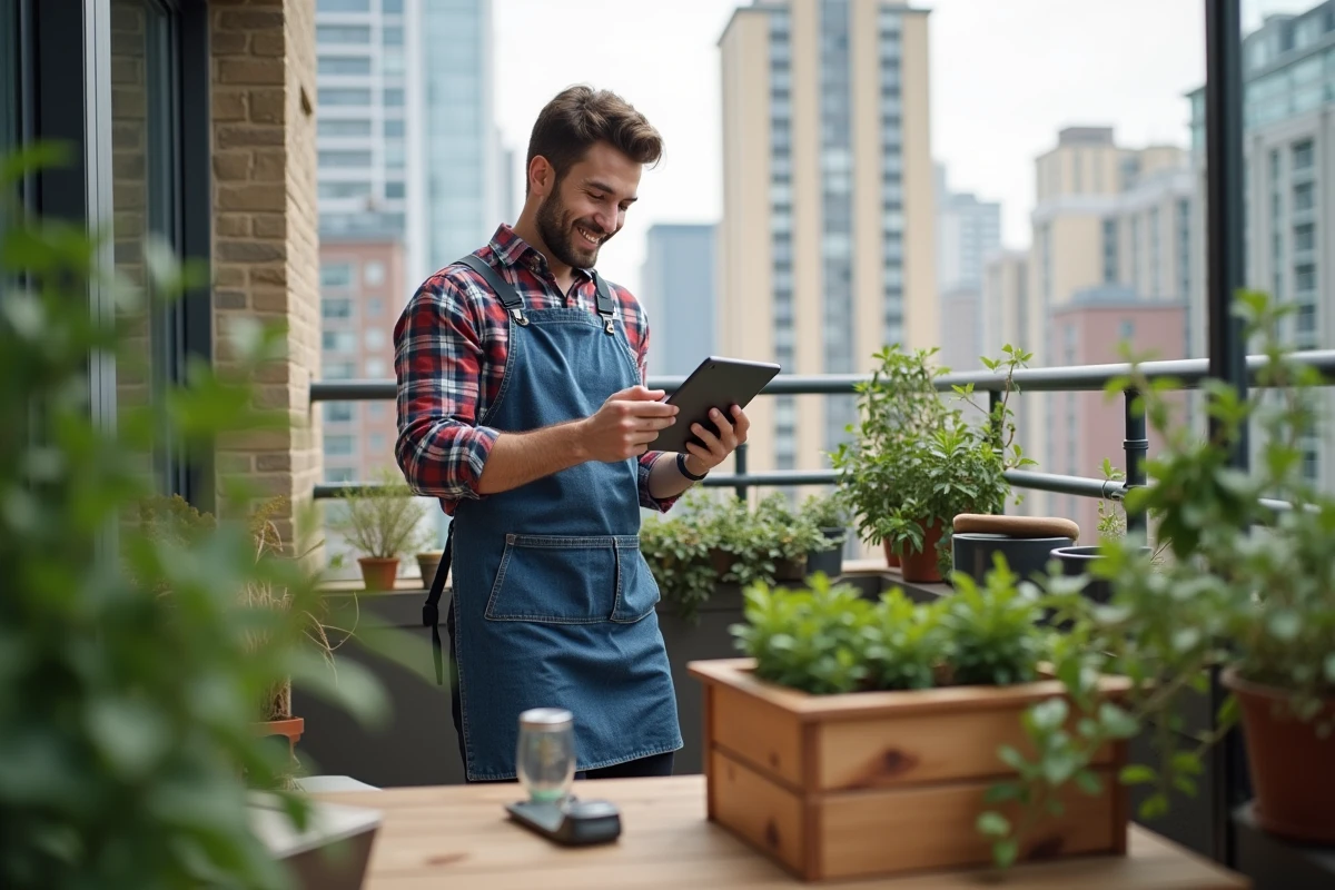 Jeune homme lisant instructions DIY sur balcon