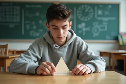 Jeune gar&ccedil;on mesurant une pyramide en classe