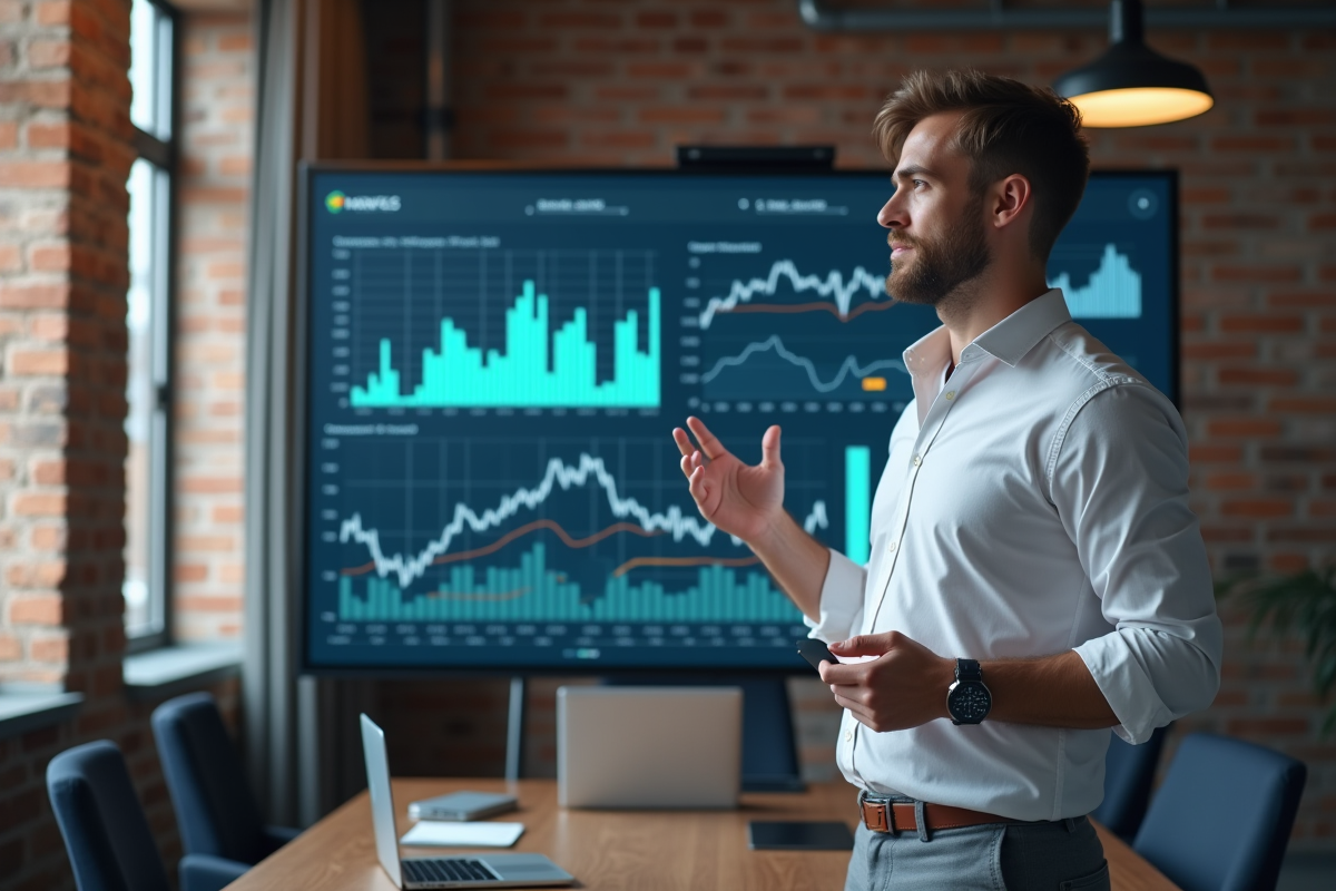Jeune homme expliquant des graphiques financiers
