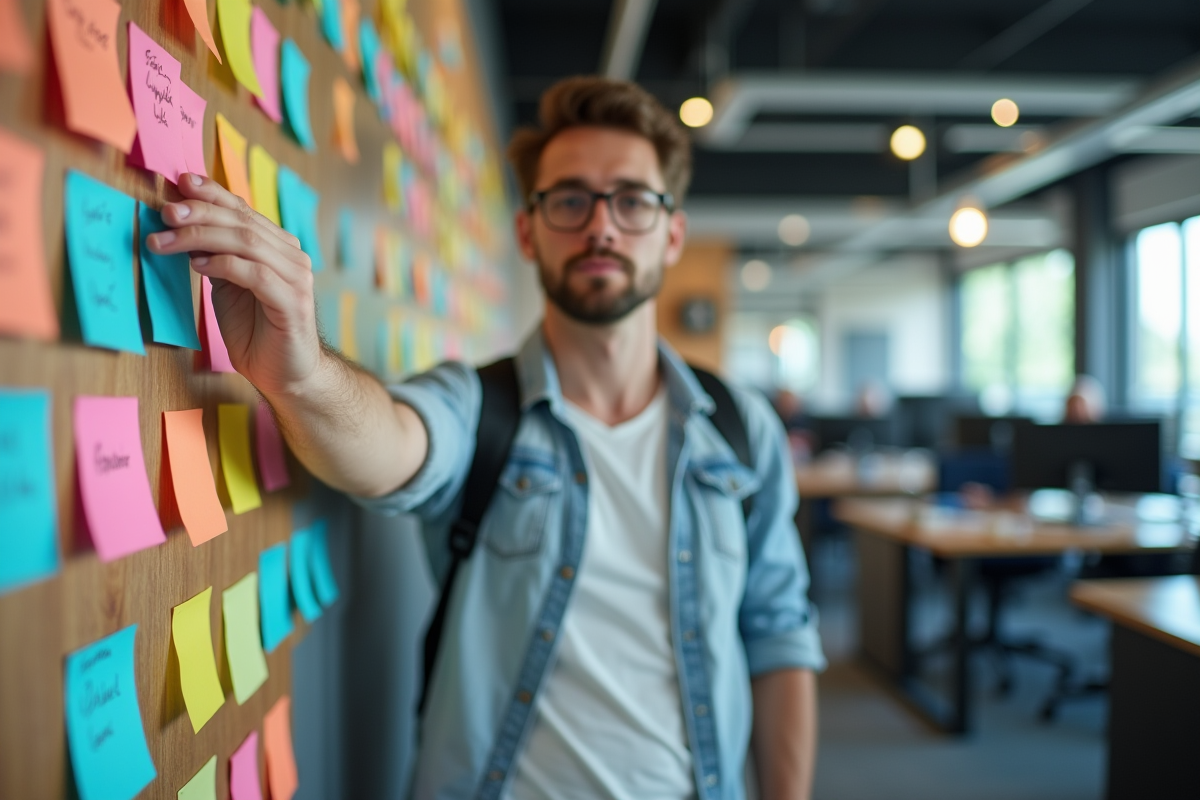Jeune homme collant des notes colorées sur un mur de bureau