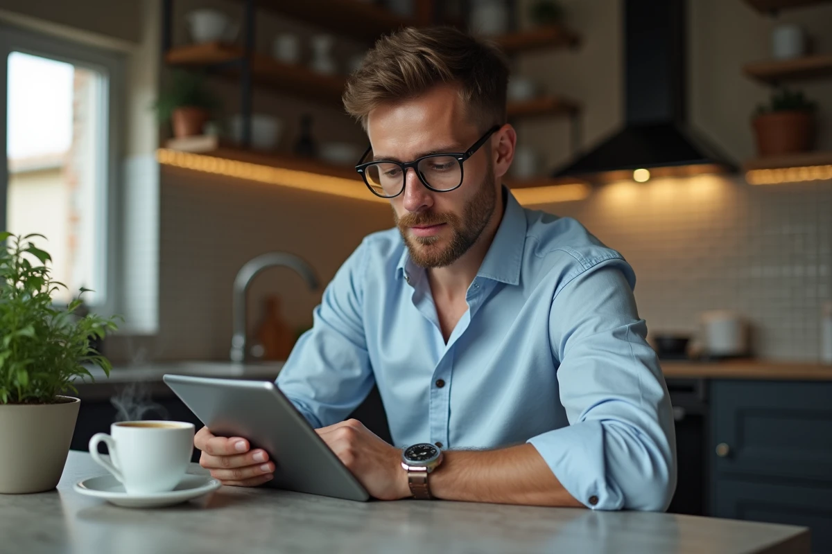 Jeune homme utilisant une tablette dans sa cuisine