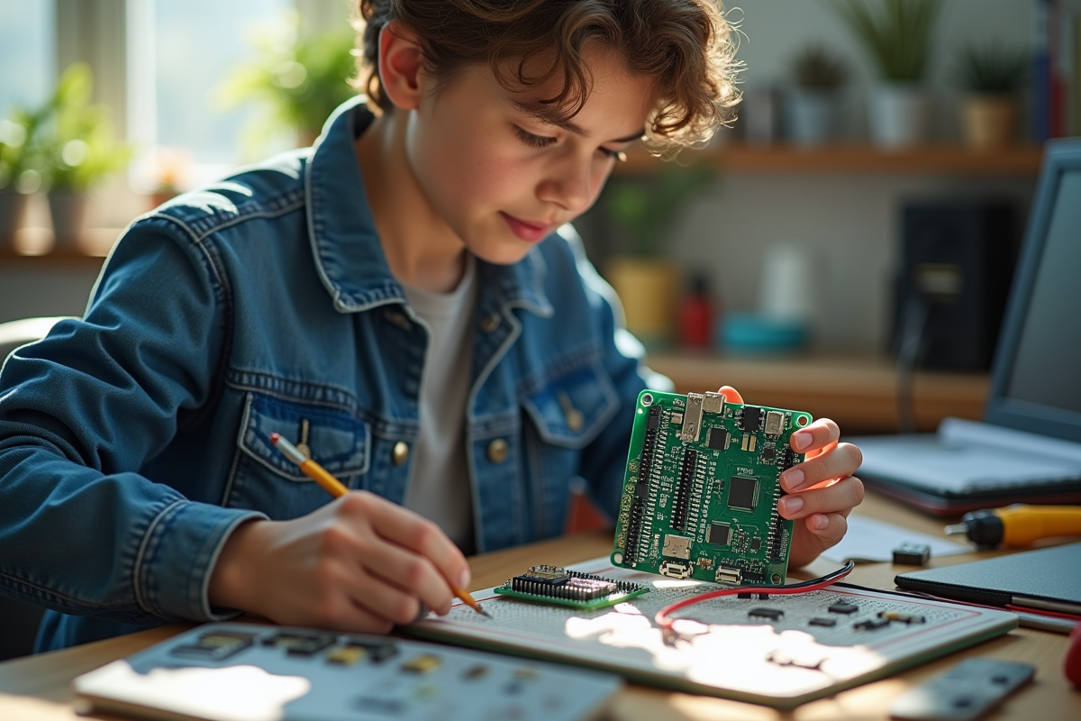 Jeune ingénieur compare une breadboard et microcontroleur