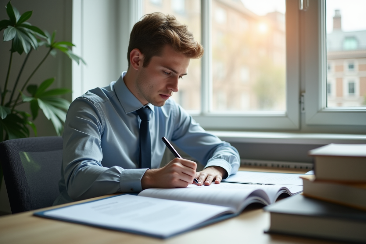 Jeune professionnel concentré à son bureau pour un examen professionnel