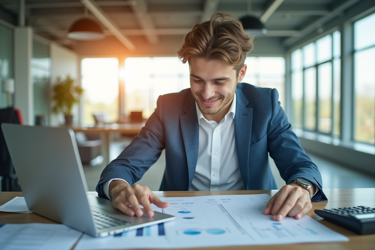 Jeune professionnel analysant des documents financiers au bureau