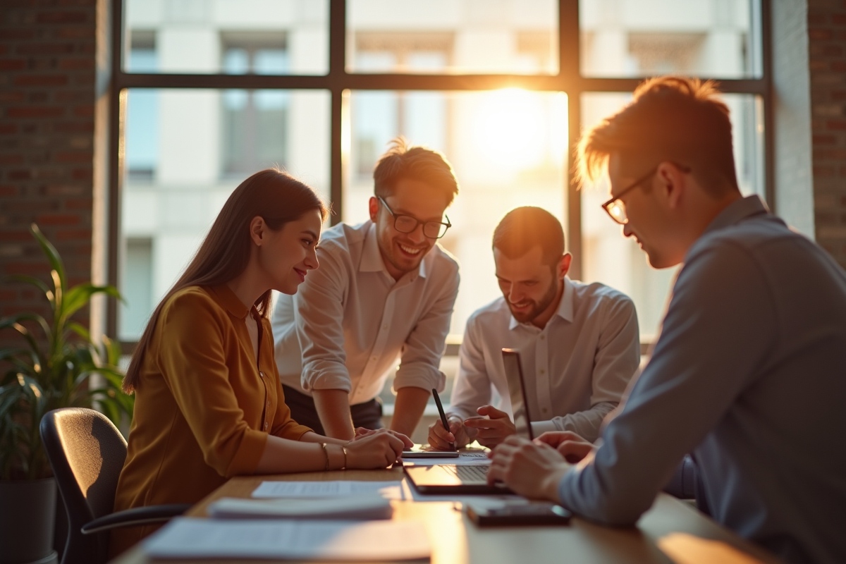Jeune professionnel en stage dans un bureau moderne collaborant