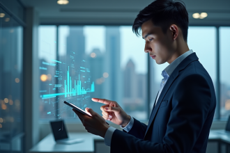 Jeune professionnel utilisant une tablette dans un bureau moderne