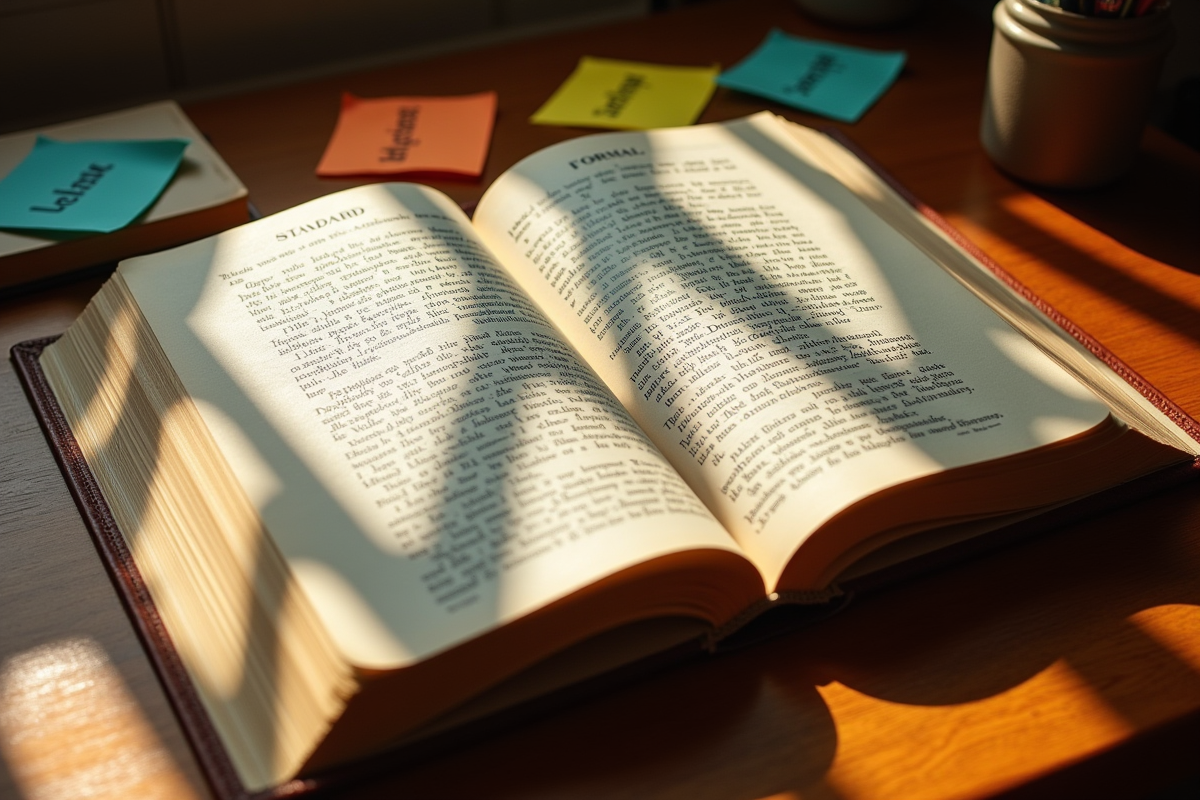 Livre ouvert avec notes colorées sur un bureau en bois
