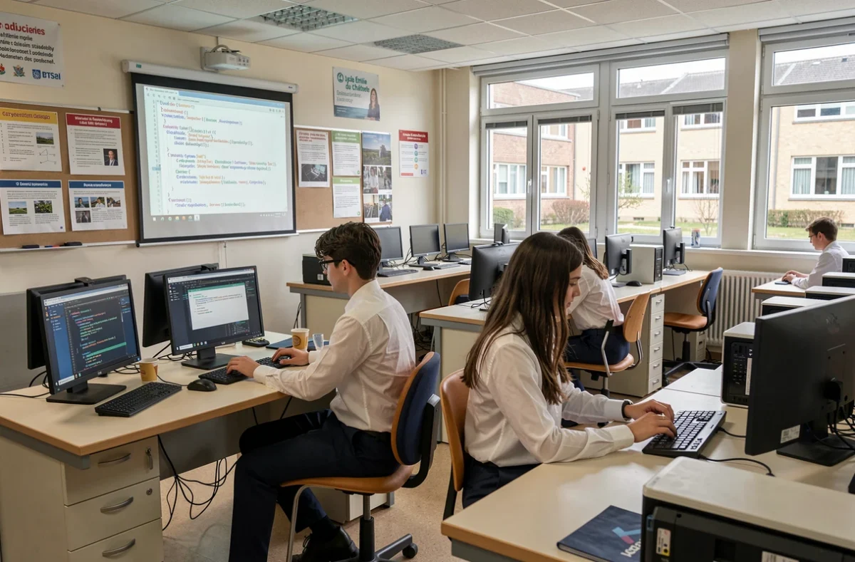 Élèves en BTS Informatique au Lycée Émilie du Châtelet à Serris travaillant sur un exercice de développement web