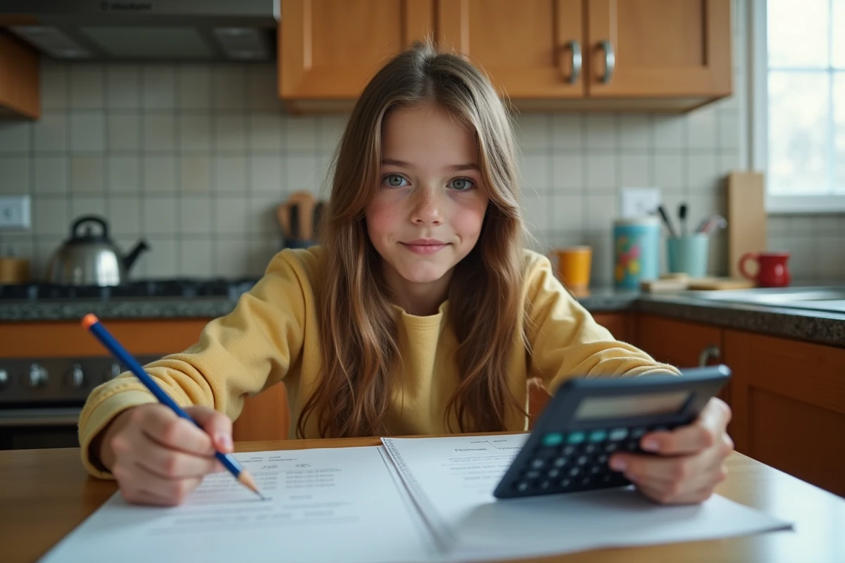 Lycéen comparant un bulletin scolaire avec calcul de moyenne avec et sans coefficient sur une table de cuisine