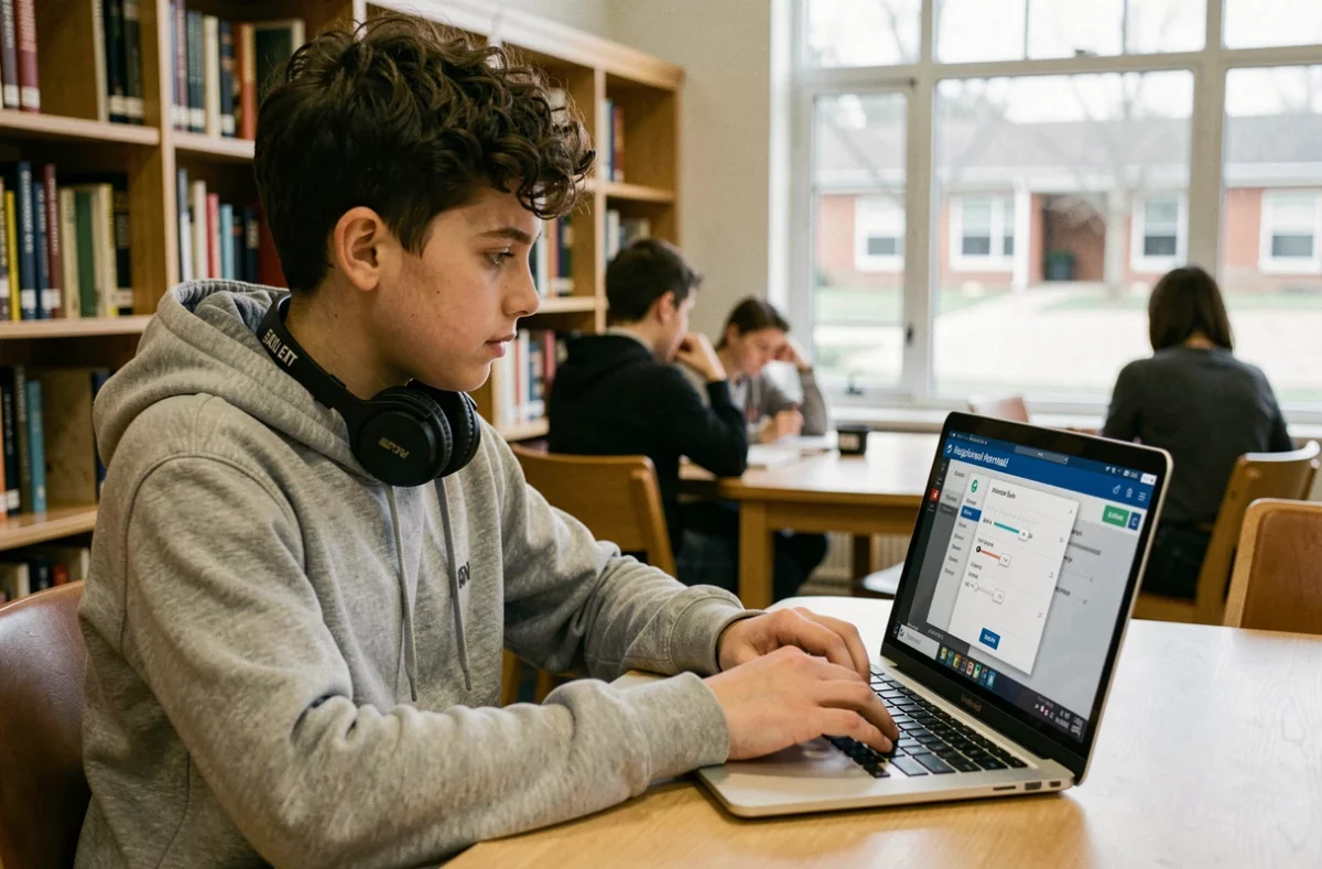 Lycéen en situation de handicap scolaire utilisant les outils d'accessibilité de l'ENT Auvergne à la bibliothèque
