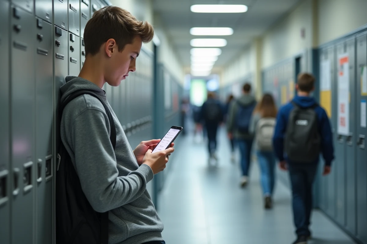 Lycéen consultant l'ENT Île-de-France sur smartphone dans un couloir de lycée