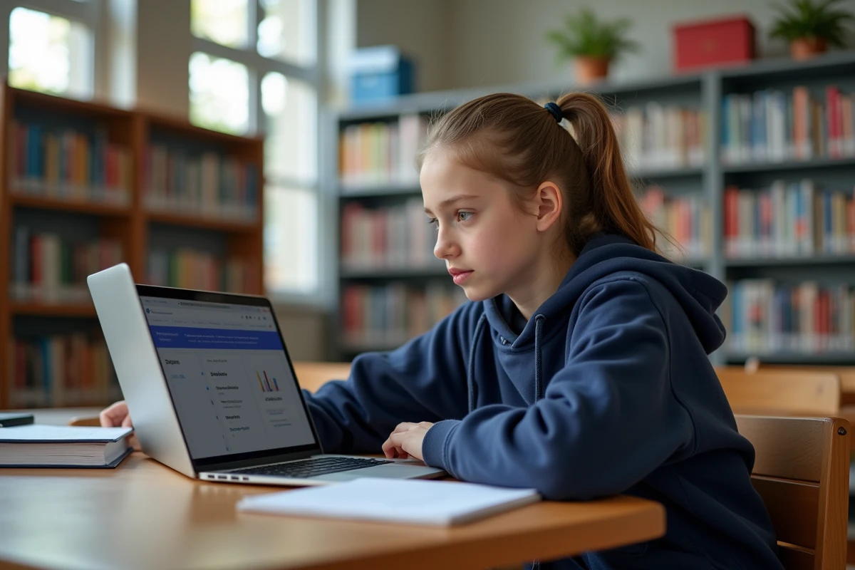 Lycéenne utilisant l'ENT Île-de-France sur un ordinateur portable dans une bibliothèque scolaire