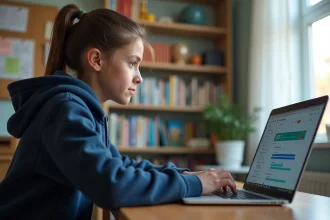 Lycéenne utilisant le portail éducatif ENT Île-de-France sur son ordinateur portable dans sa chambre