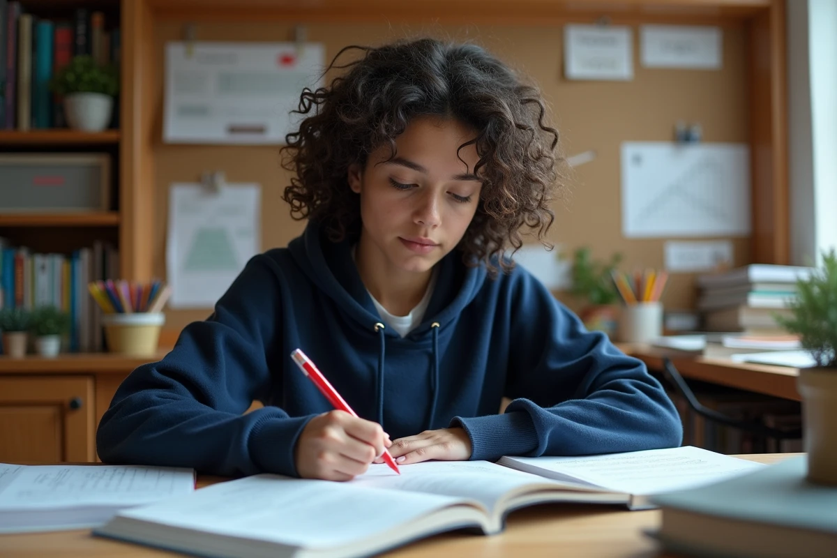 Lycéenne en terminale révisant les coefficients du bac S avec des manuels de mathématiques et physique sur son bureau