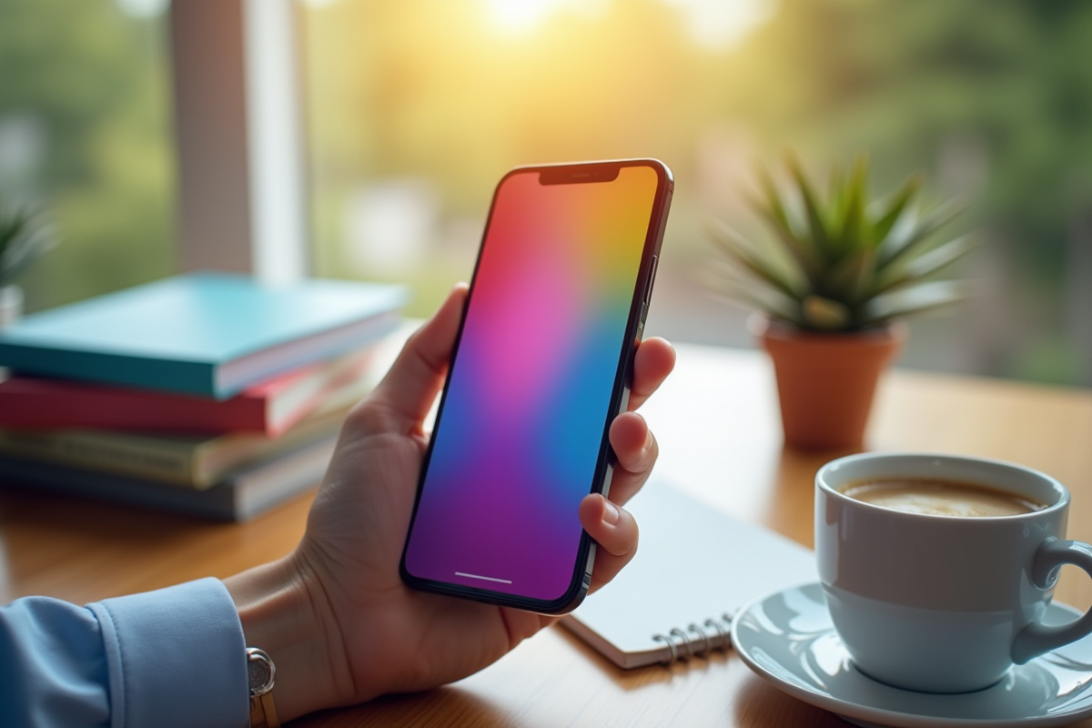 Main tenant un smartphone avec une application éducative colorée