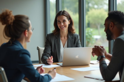 Manager femme en réunion avec équipe au bureau
