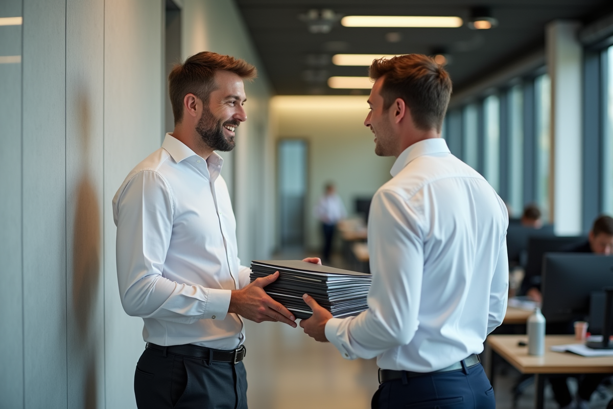 Manager homme transmettant des dossiers à un collègue