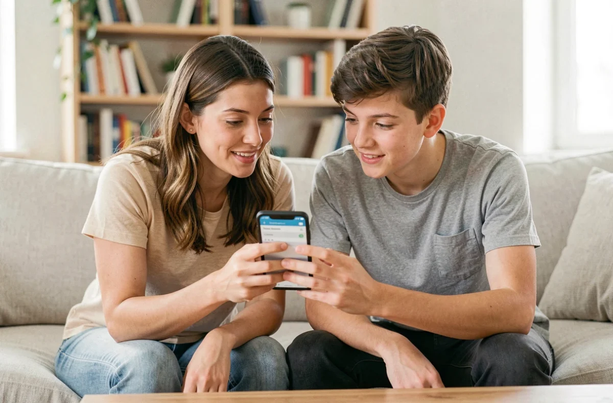 Mère et adolescent consultent ensemble les notes scolaires sur un smartphone via l'ENT Aisne NEO dans le salon
