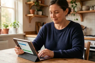 Mère consulte le suivi scolaire de son enfant sur une tablette via l'ENT Aisne NEO dans une cuisine familiale