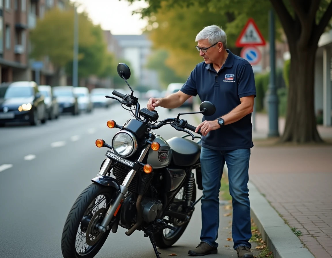 Moniteur d'auto-école expliquant le fonctionnement d'un 125cc à un élève lors d'une leçon pratique en milieu urbain