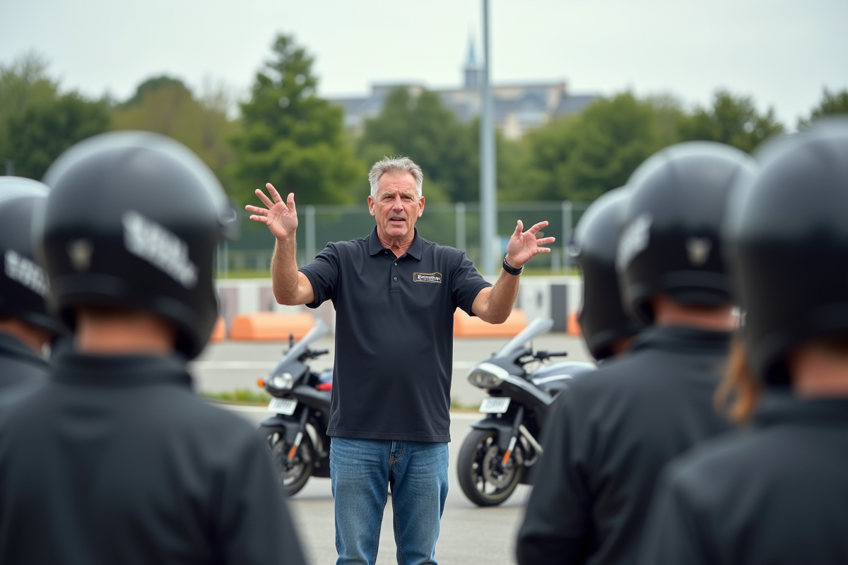 Instructeur moto montrant des signaux à des élèves en formation