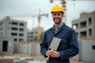 Ouvrier du bâtiment français souriant sur un chantier