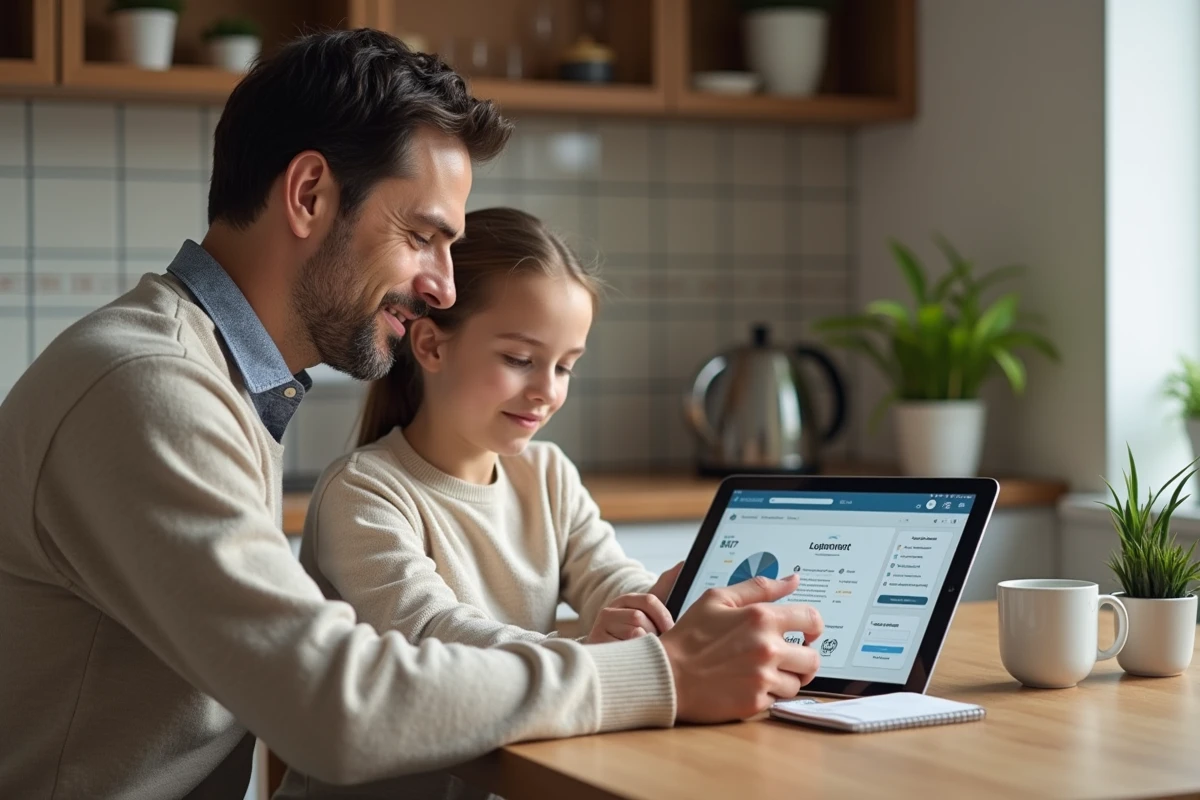 Père et fille regardant une tablette avec un tableau de bord parental dans la cuisine