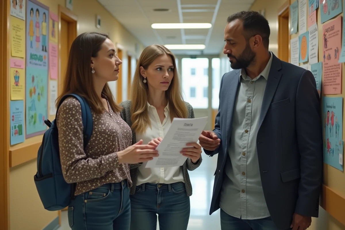 Parents d'élèves discutant de l'application scolaire numérique dans un couloir d'école parisienne