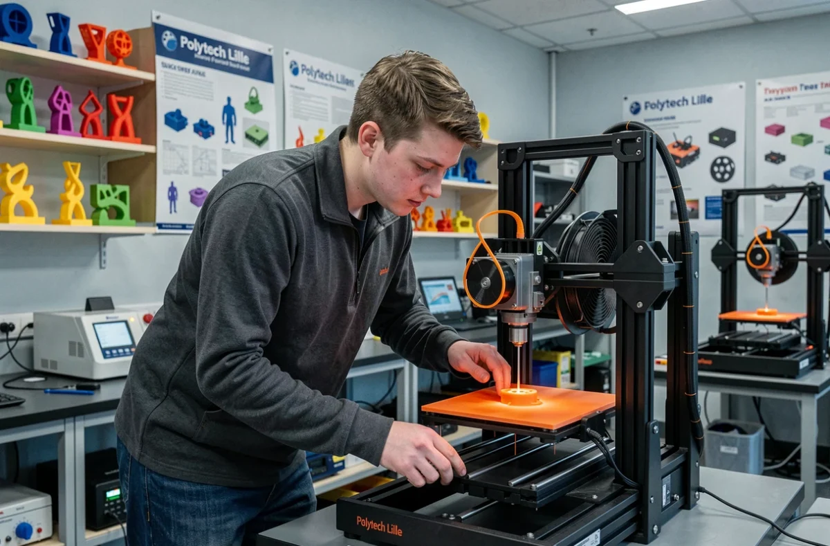 Étudiant de Polytech Lille observant une imprimante 3D en fonctionnement dans un laboratoire de prototypage moderne