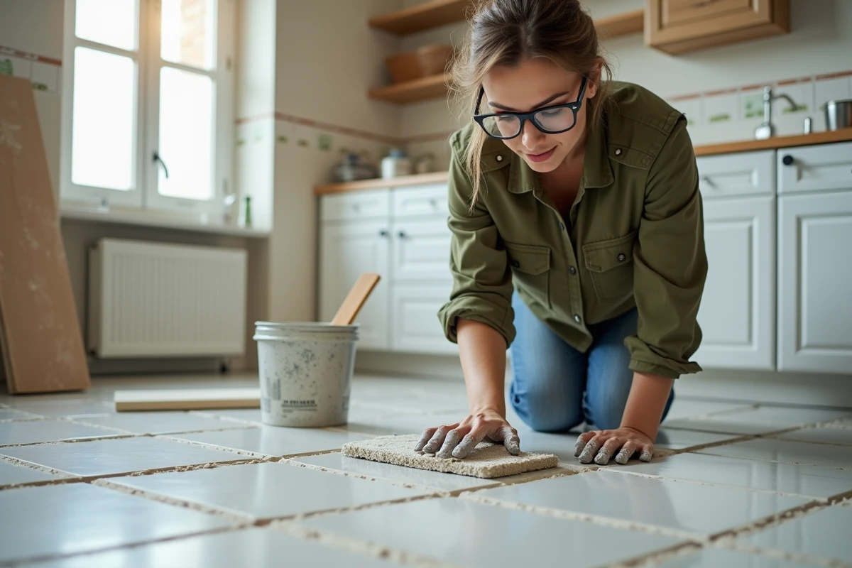 Femme appliquant du joint de carrelage sur un sol de cuisine lors d'une rénovation bricolage maison