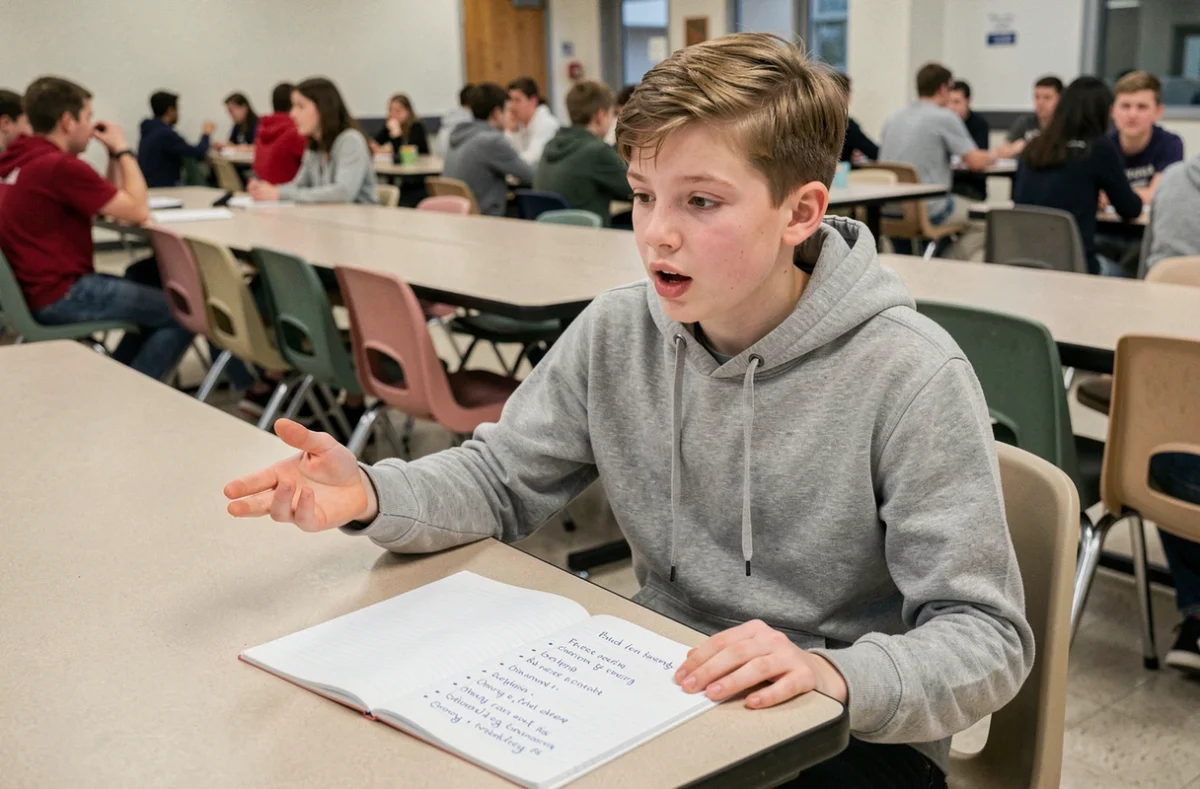 Élève de collège qui répète son discours de candidature au poste de délégué de classe dans la cafétéria