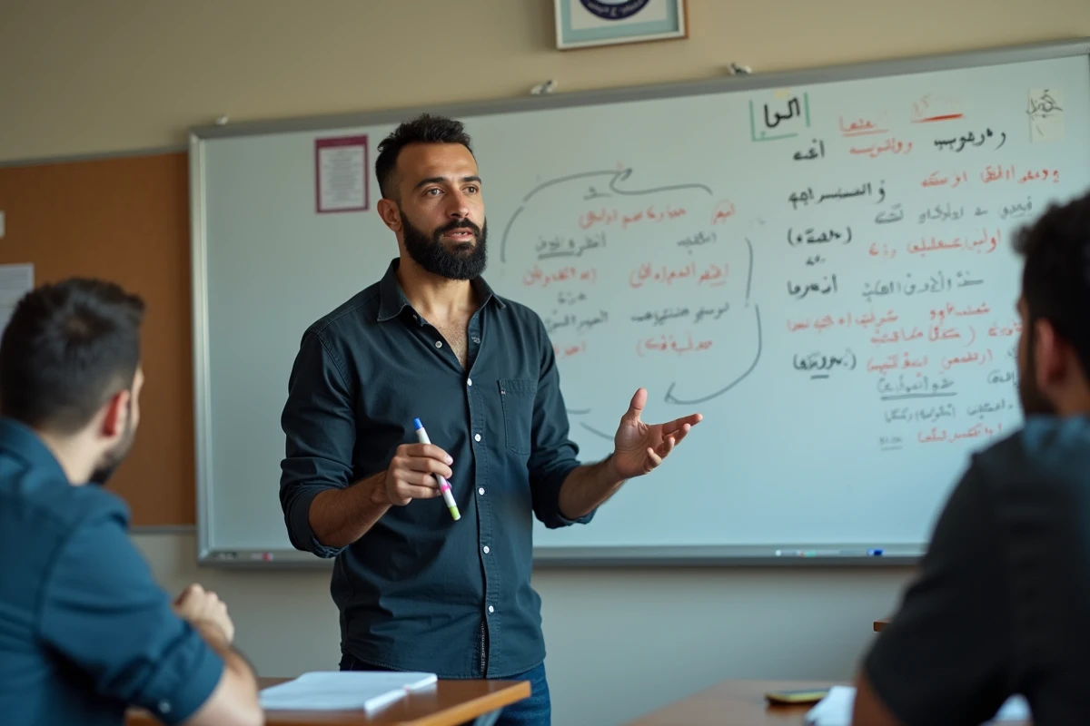 Professeur d'arabe debout devant un tableau blanc présentant des structures grammaticales à des apprenants adultes en salle de classe