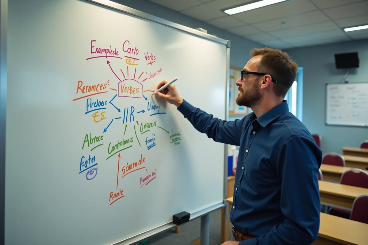 Professeur de français expliquant une carte mentale des groupes de verbes en IR OIR et RE sur un tableau blanc en classe