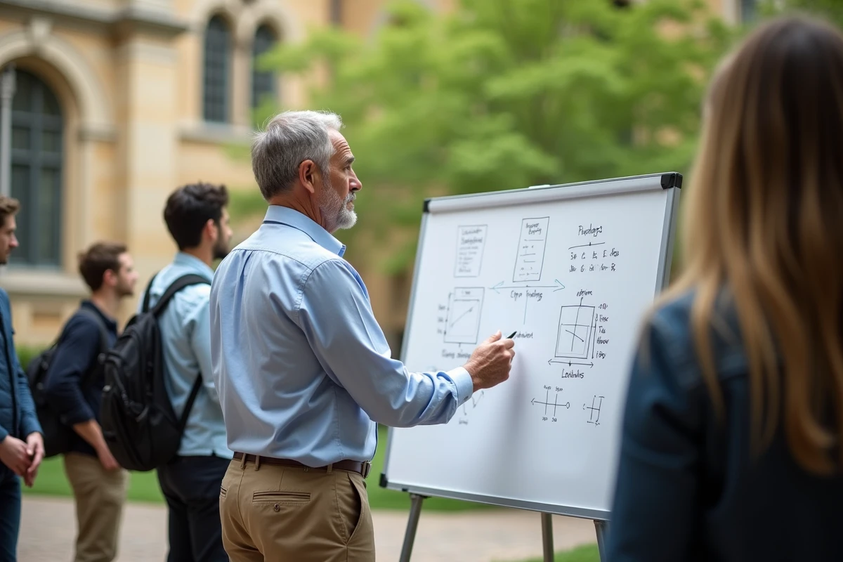 Professeur expliquant des vecteurs en plein air devant un tableau blanc