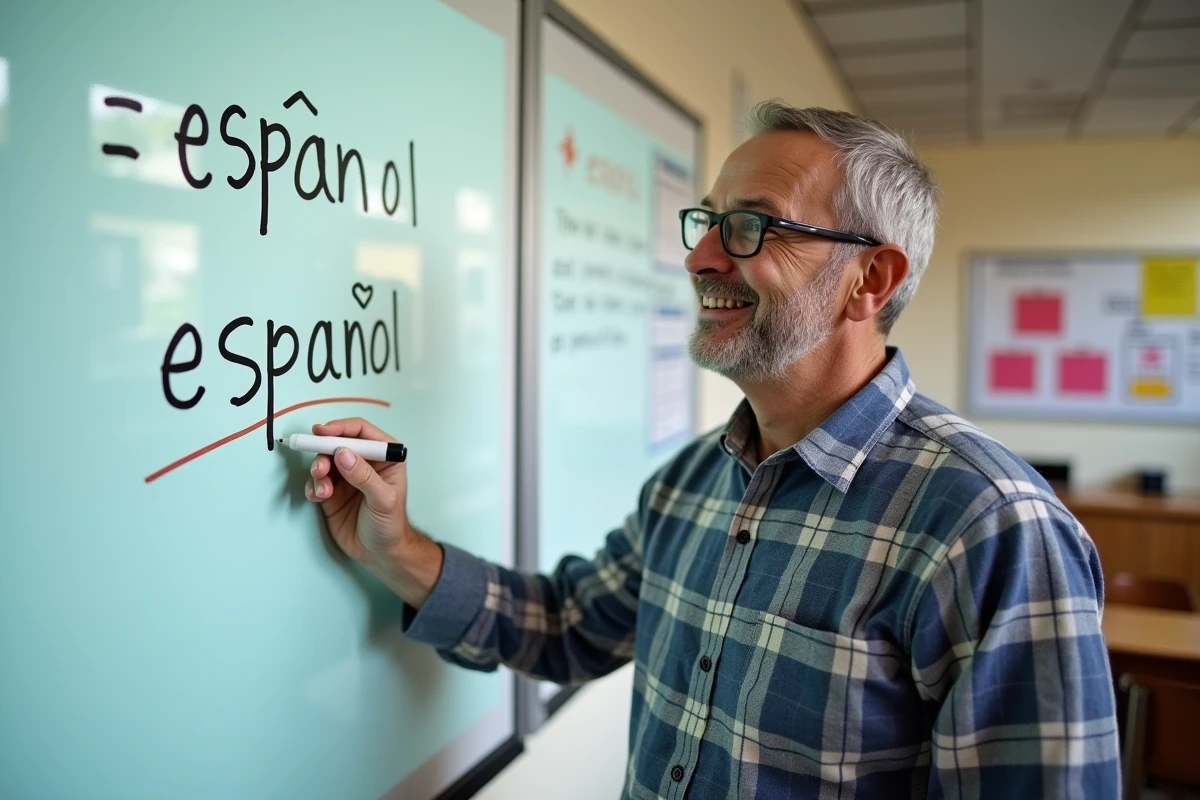Professeur expliquant le ñ en classe avec tableau blanc