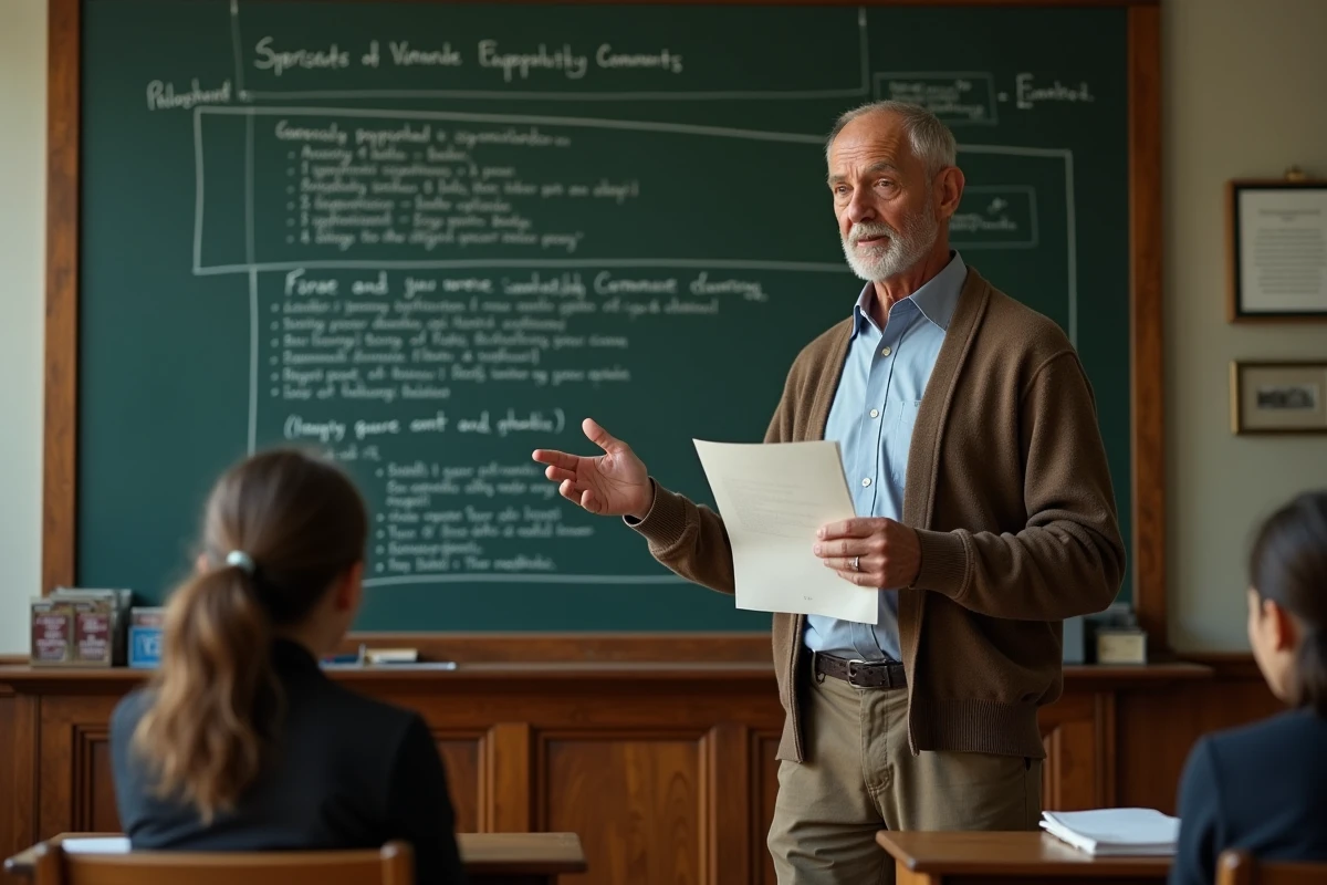 Professeur expliquant un essai en classe avec tableau noir