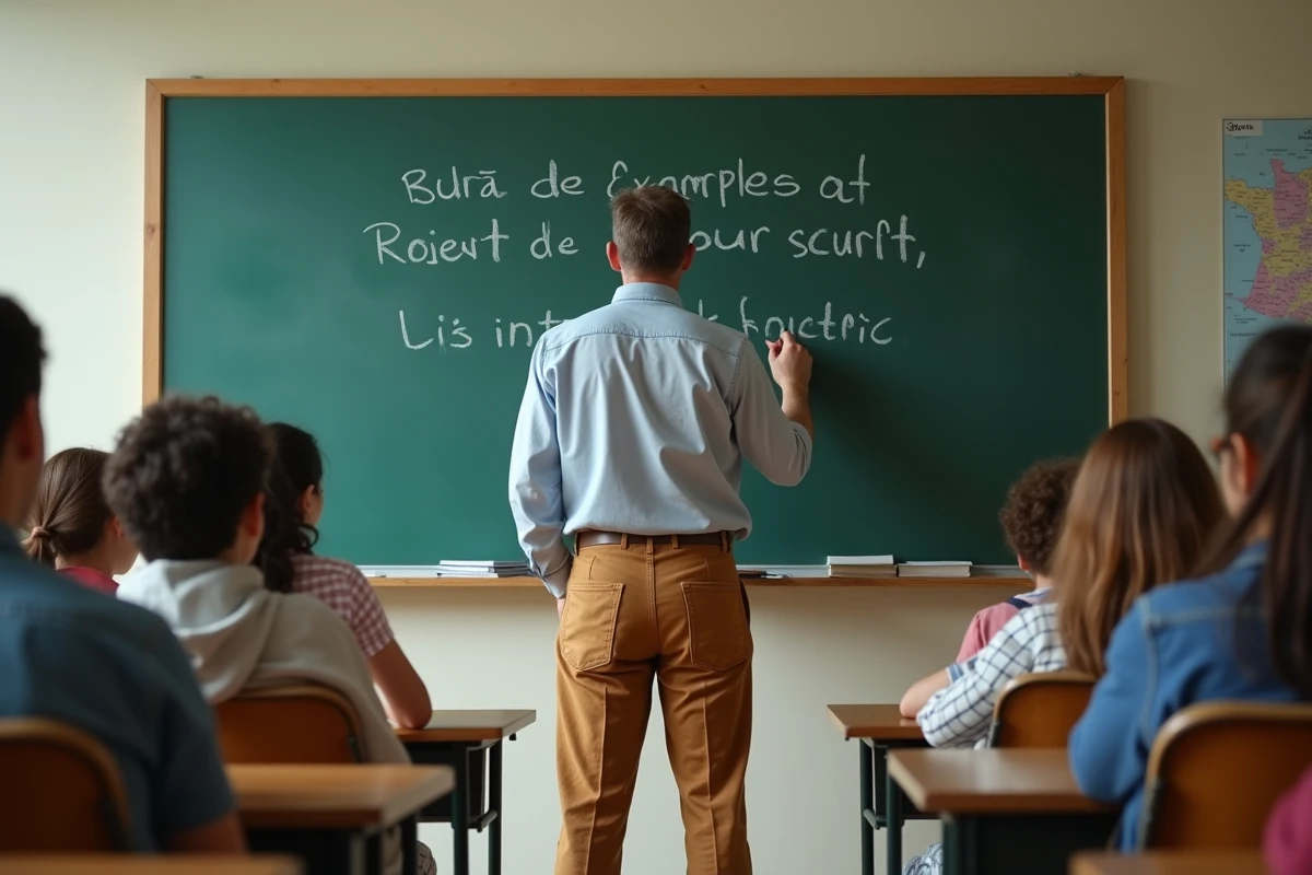 Professeur expliquant des verbes fran&ccedil;ais devant un tableau