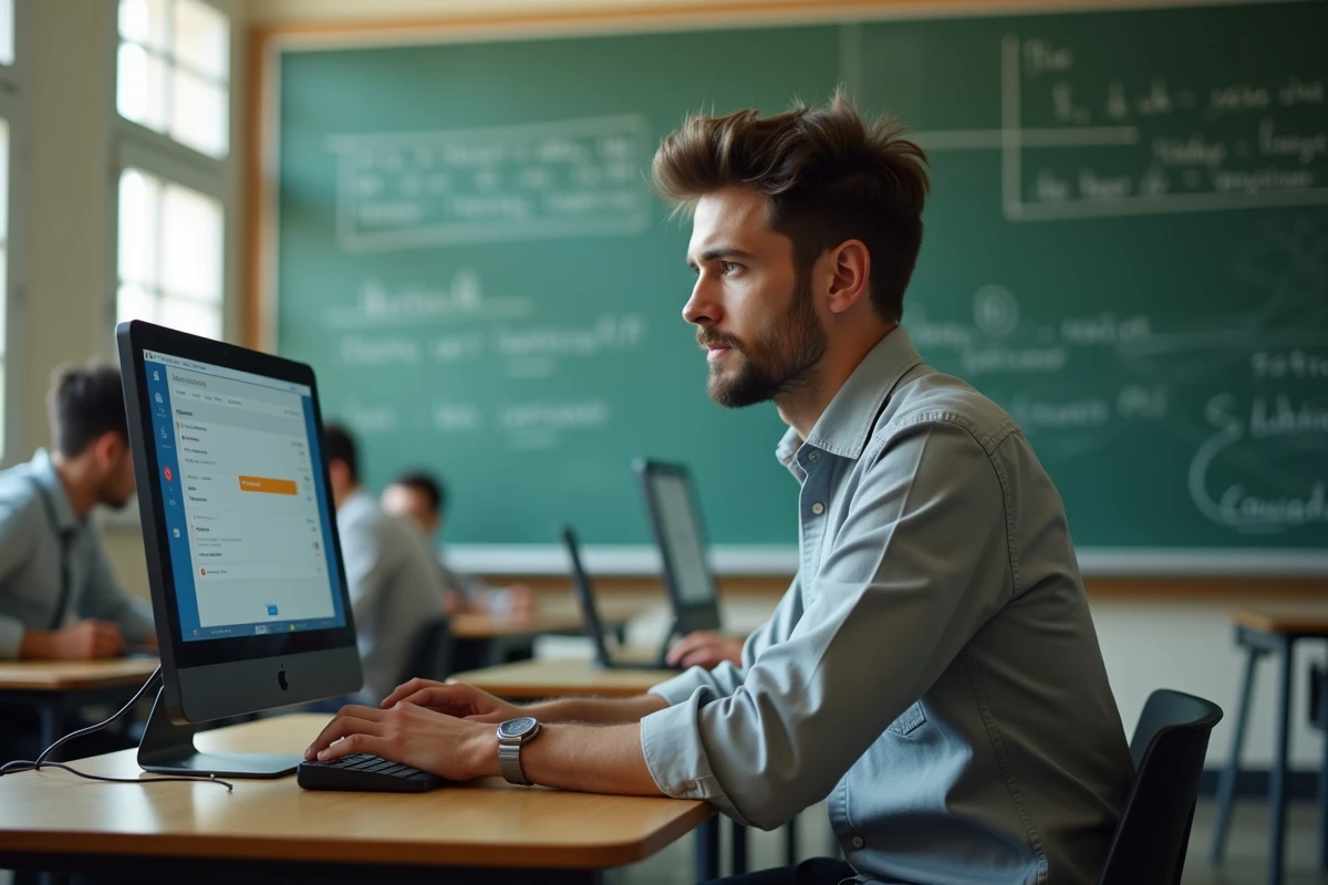 Professeur utilisant l'ENT Île-de-France pour gérer les devoirs et la messagerie scolaire en classe
