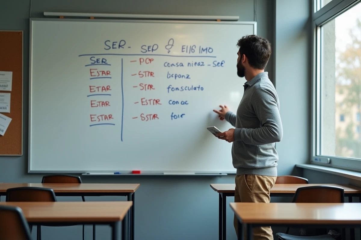 Professeur d'espagnol masculin expliquant devant un tableau blanc la différence entre les verbes SER et ESTAR avec un tableau comparatif en couleur