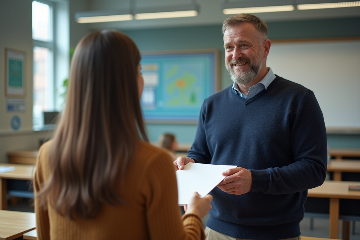 Professeur remettant un diplôme à une étudiante en classe