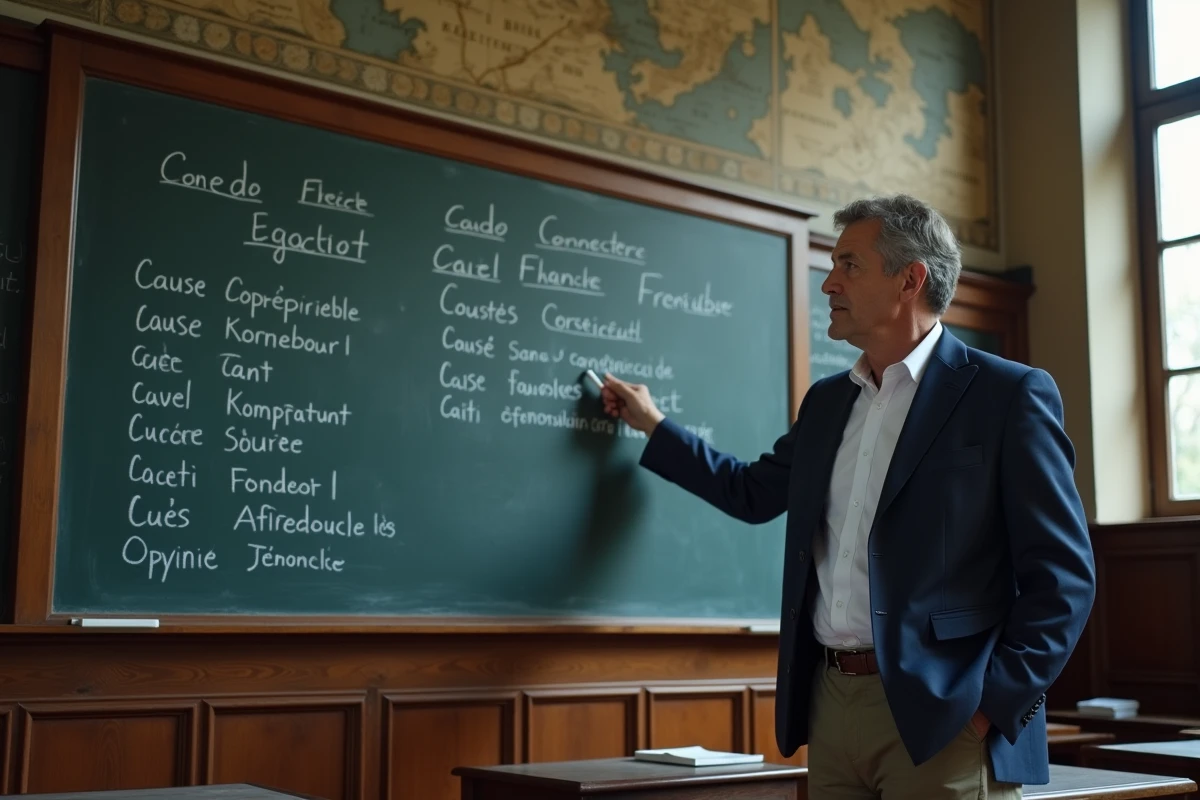 Professeur d'université devant un tableau noir rempli de connecteurs logiques en français classés par catégories dans un amphithéâtre