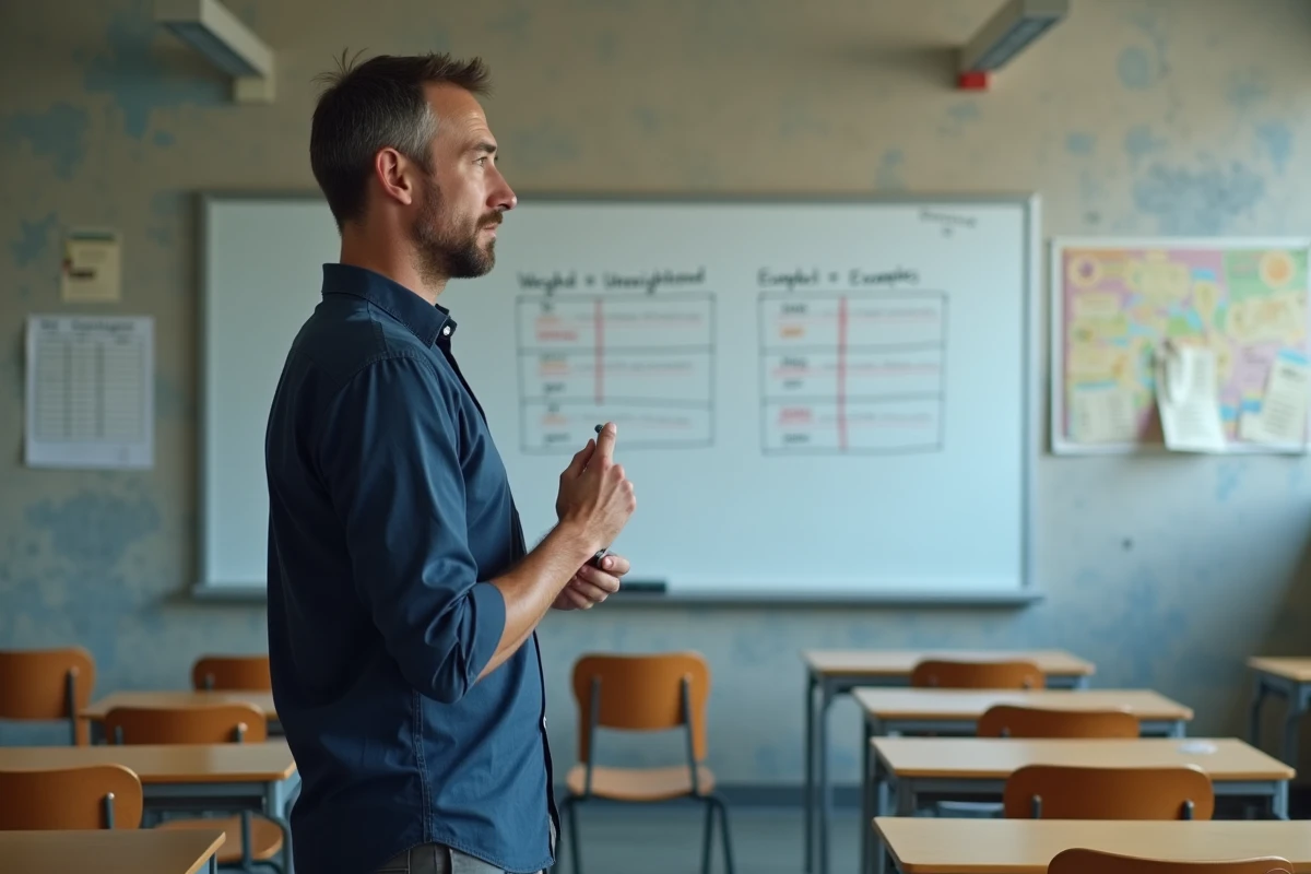 Professeur expliquant au tableau la différence entre moyenne simple et moyenne pondérée avec coefficients