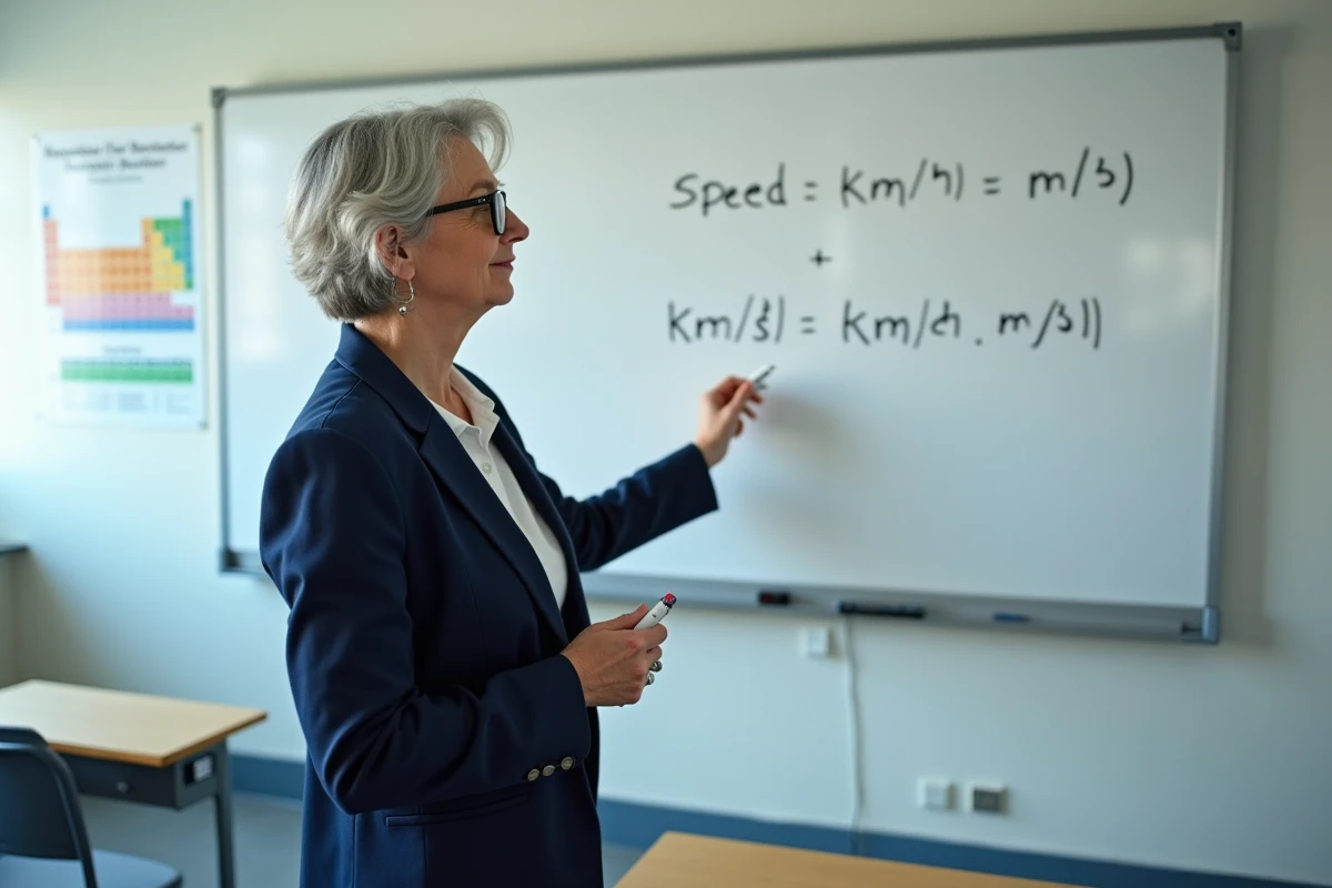 Professeure de physique expliquant la conversion d'unités de vitesse km/h en m/s devant un tableau blanc en salle de classe